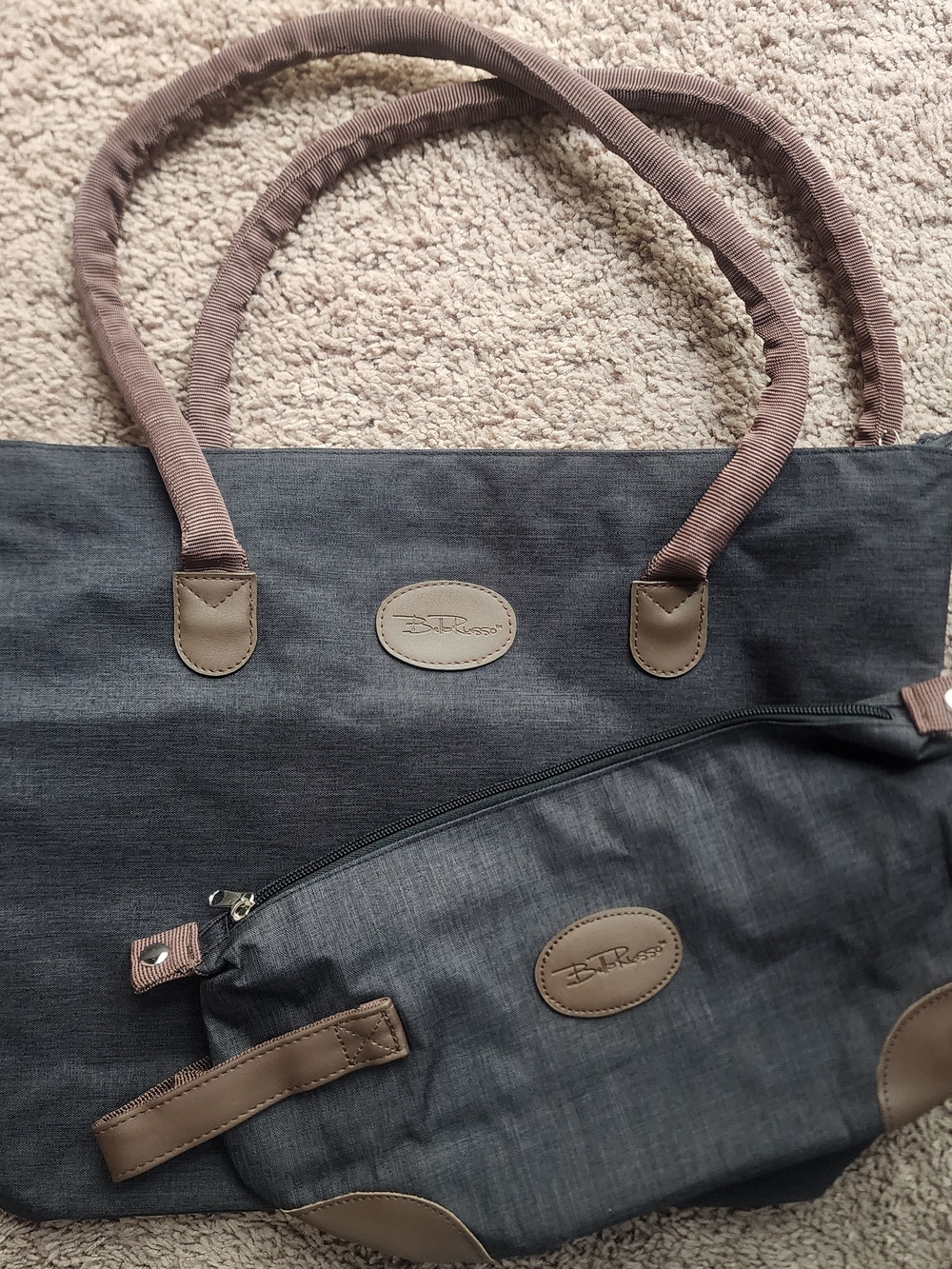 Bella Russo Charcoal Gray Brown Weekender Canvas Bag Tote & Cosmetic Travel Bag
